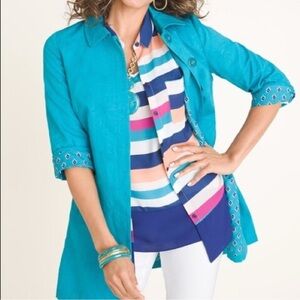 Chicos Algiers Blue Textured Long Sleeve Topper Pleat Back Jacket, Sz. 3 (16/18)